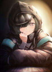  1girl absurdres arknights black_hair black_jacket character_name chromatic_aberration closed_mouth commentary cosplay doctor_(arknights) doctor_(arknights)_(cosplay) english_commentary hair_over_one_eye highres hood hood_up hooded_jacket jacket jertv long_sleeves one_eye_covered pink_eyes priestess_(arknights) puffy_long_sleeves puffy_sleeves shirt short_hair smile solo upper_body white_shirt 