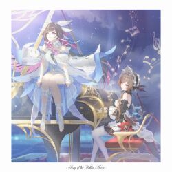  2girls absurdres bare_shoulders black_hair black_sleeves blue_eyes brown_hair chair columbina_(genshin_impact) commentary_request detached_sleeves dress genshin_impact head_wings highres long_hair long_sidelocks multicolored_hair multiple_girls multiple_wings musical_note no_mask on_chair purple_hair sandrone_(genshin_impact) sato_inryo short_hair_with_long_locks sidelocks sitting smile thigh-highs two-tone_hair white_dress white_headdress white_thighhighs white_wings winding_key wings 