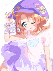  1girl :p ;p ahoge akechi_anna bracelet breasts character_ornament closed_mouth commentary_request double_bun green_eyes hair_bun hand_on_headwear hat hat_ornament highres jewelry looking_at_viewer medium_hair meitantei_precure! nail_polish newsboy_cap official_alternate_costume one_eye_closed orange_hair parted_bangs pink_shirt pochi-tan precure purple_hat purple_nails purple_skirt serizawa_serizane shirt short_sleeves simple_background skirt small_breasts solo t-shirt tongue tongue_out watermark white_background 