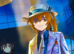  2girls a.i._voice absurdres adachi_rei black_hat black_shirt brown_eyes brown_hair character_request grin hat highres jacket multiple_girls necktie one_side_up orange_eyes orange_hair oru_(knktoru) parody shirt smile smooth_criminal utau white_hat white_jacket white_necktie 