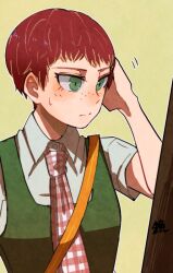  1girl alternate_hair_length_(shorter) blush closed_mouth collared_shirt commentary_request danganronpa_(series) danganronpa_2:_goodbye_despair eyelashes freckles green_background green_eyes hand_on_own_head koizumi_mahiru looking_at_mirror mirror motion_lines necktie outline plaid_clothes plaid_necktie red_hair red_necktie shinshishinc shirt short_hair short_sleeves simple_background solo split_mouth sweatdrop very_short_hair white_outline white_shirt 