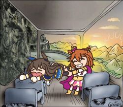  >_< 2girls ^_^ admire_vega_(starry_nocturne)_(umamusume) admire_vega_(umamusume) animal_ears boots brown_hair bus bus_interior cape capelet chibi chibi_only closed_eyes commentary day ear_covers english_commentary facing_another full_body grin hair_between_eyes horse_ears horse_girl horse_tail indoors long_hair meme motor_vehicle mountainous_horizon multiple_girls open_mouth orange_hair pantyhose pulling road seatbelt short_hair single_ear_cover skirt smile standing struggling t.m._opera_o_(o_sole_suo!)_(umamusume) t.m._opera_o_(umamusume) tail terkmc two_guys_on_a_bus_(meme) umamusume vehicle_interior 