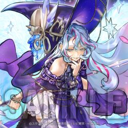  1girl anonymous_(yu-gi-oh!) bare_shoulders bracelet dress duel_monster eyelashes frilled_dress frilled_thighhighs frills hammer hat jewelry large_hat light_smile long_hair looking_at_viewer mage_staff multicolored_hair off-shoulder_dress off_shoulder official_art parted_bangs rilliona_(yu-gi-oh!) scissors solo staff streaked_hair thigh-highs upper_body witch_hat witchcrafter_madame_rilliona yu-gi-oh! 