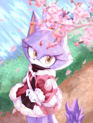  1girl bag blaze_the_cat cat_girl cat_tail cherry_blossoms commentary dress english_commentary eyelashes forehead_jewel handbag highres looking_up pink_bag pink_dress purple_fur r4tzismyth ribbon solo sonic_(series) spring_(season) tail yellow_eyes 