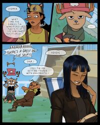  1girl 2boys ^_^ absurdres animal_ears black_hair black_jacket blue_nose blue_sky blunt_bangs book brown_overalls closed_eyes commentary extra_arms fake_animal_ears green_shirt hat highres holding holding_book jacket lamuliz laughing long_nose multiple_boys nico_robin one_piece overalls pink_hat shirt sitting sky smile speech_bubble tony_tony_chopper usopp wristband 