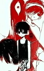 2boys antenna_hair bandage_over_one_eye bandaged_head bandages closed_mouth collarbone double-parted_bangs dual_persona expressionless greyscale hair_between_eyes holding holding_knife hospital_gown knife male_focus monochrome multiple_boys multiple_monochrome omori omori_(omori) red_theme short_hair shorts something_(omori) spoilers striped_clothes striped_shorts sunny_(hospital_gown)_(omori) sunny_(omori) tank_top vertical-striped_clothes vertical-striped_shorts waguwagu090908 