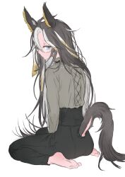  1girl absurdres ahoge animal_ear_piercing animal_ears barefoot between_legs black_pants black_ribbon blue_eyes colored_inner_animal_ears colored_inner_hair dock_(tail) dream_journey_(casual)_(umamusume) dream_journey_(umamusume) eyewear_strap from_behind glasses grey_hair grey_shirt hair_between_eyes hair_ornament hand_between_own_legs hands_on_lap high-waist_pants highres horse_ears horse_girl horse_tail long_hair looking_at_viewer looking_back multicolored_hair pants pineconete ribbon semi-rimless_eyewear shirt simple_background sitting solo streaked_hair tail tail_raised tassel tassel_hair_ornament umamusume under-rim_eyewear very_long_hair wariza white_background white_streaks 