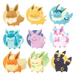  bow closed_mouth commentary_request ditto eevee espeon flareon glaceon highres jolteon kome117tkg leafeon no_humans pokemon pokemon_(creature) pokemon_focus red_eyes simple_background solid_circle_eyes sylveon tail transformed_ditto umbreon vaporeon 
