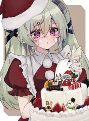  1girl absurdres alternate_costume bangboo_(zenless_zone_zero) black_nails blueberry cake cake_decoration christmas commentary_request corin_wickes eous_(zenless_zone_zero) food fruit green_hair hat highres holding holding_pastry_bag icing_on_face long_hair mistletoe nemutai_sihaisha orange_(fruit) orange_slice partial_commentary pastry_bag santa_hat short_sleeves solo strawberry sweat twintails upper_body violet_eyes wise_(zenless_zone_zero) zenless_zone_zero 