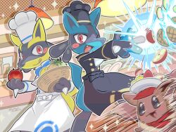 2others alternate_color apron aura_sphere_(pokemon) black_apron blush_stickers chef_hat commentary_request eevee fang food fruit furry hat highres holding holding_food holding_fruit lucario lucario_(chef's_whites) lucario_(super_chef) multiple_others one_eye_closed open_mouth pineapple pokemon pokemon_(creature) pokemon_cafe_remix red_eyes runachikku shiny_pokemon white_apron 