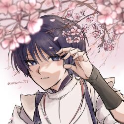  1boy armor barann_777 black_hair blue_eyes branch bright_pupils cherry_blossoms commentary_request doll_joints falling_petals genshin_impact hand_up highres japanese_armor japanese_clothes joints kariginu kote kurokote layered_sleeves looking_at_viewer male_focus open_hand outdoors petals pink_petals portrait purple_sleeves scaramouche_(genshin_impact) scaramouche_(kabukimono)_(genshin_impact) sketch solo tasuki tsurime twitter_username white_pupils white_sleeves wispy_bangs 