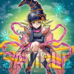  1girl anonymous_(yu-gi-oh!) bare_shoulders blonde_hair breasts check_copyright copyright_request detached_sleeves duel_monster gagaga_girl gagaga_girl_-_zero_zero_call hat holding holding_phone long_hair looking_at_viewer official_art open_mouth phone pink_eyes sample_watermark sitting skirt skull_charm solo thighs watermark wizard_hat yu-gi-oh! yu-gi-oh!_zexal 