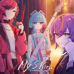  1girl 2boys aisuu_(voisona) album_cover bass_guitar black_choker black_hair blonde_hair blue_eyes blue_hair choker closed_mouth commentary_request cover crop_top drumsticks english_commentary gradient_hair grin heterochromia highres holding holding_drumsticks holding_microphone instrument jacket kirune_(voisona) looking_at_viewer mi_no_take microphone mixed-language_commentary multicolored_hair multiple_boys myk-iv navel official_art pink_eyes pink_hair pink_jacket pleated_skirt purple_hair second-party_source shirt skirt smile stomach streaked_hair teeth voisona white_shirt white_skirt yellow_eyes 