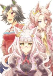  3girls :d ahoge animal_ears bandaid bandaid_on_cheek bandaid_on_face biwa_hayahide_(pf._winning_equation...)_(umamusume) biwa_hayahide_(umamusume) black_hair blue_skirt bnw_(umamusume) bow bowtie breasts brown_hair closed_mouth commentary_request dress glasses horse_ears horse_girl jacket large_breasts long_hair long_sleeves multiple_girls narita_taishin_(nevertheless)_(umamusume) narita_taishin_(umamusume) official_alternate_costume official_art open_mouth purple_dress red_eyes red_jacket second-party_source semi-rimless_eyewear short_hair simple_background skirt smile umamusume violet_eyes wavy_hair white_background white_bow white_bowtie white_hair winning_ticket_(get_to_winning!)_(umamusume) winning_ticket_(umamusume) yellow_eyes 