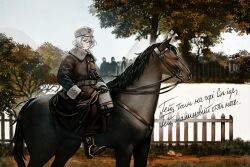  1girl 6+others asymmetrical_hair black_gloves closed_mouth colored_eyelashes cossack expressionless fence from_side full_body gloves grass grey_sky highres historical_connection horse horseback_riding jacket krole_nyatko leather leather_belt leather_jacket looking_at_viewer mazepynka multiple_others original riding short_hair sky tree ukraine ukrainian_sich_riflemen ukrainian_text white_eyelashes white_hair wooden_fence 