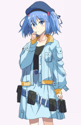  1girl alternate_costume belt beret black_shirt blue_belt blue_eyes blue_hair blue_hat blue_jacket blue_skirt closed_mouth commentary_request cowboy_shot expressionless hair_bobbles hair_ornament hand_up hat highres jack_(wkm74959) jacket kawashiro_nitori long_sleeves looking_at_viewer pocket pouch shirt short_hair simple_background skirt skirt_set solo touhou two_side_up 