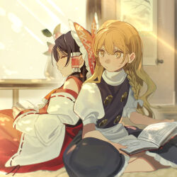  2girls absurdres apron ascot blonde_hair book bow braid brown_hair closed_eyes closed_mouth commentary_request detached_sleeves frilled_bow frilled_hair_tubes frilled_skirt frills hair_bow hair_tubes hakurei_reimu highres holding holding_book kirisame_marisa leaning_on_person long_hair missing_headwear multiple_girls open_book puffy_short_sleeves puffy_sleeves red_bow red_skirt ribbon-trimmed_sleeves ribbon_trim shi_chimi short_sleeves side_braid single_braid sitting skirt skirt_set sleeping sleeping_on_person touhou waist_apron white_bow yellow_ascot yellow_eyes 
