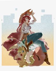  1girl absurdres adjusting_clothes adjusting_headwear animal_ears apple applejack arknights bare_shoulders boots bracelet breasts brown_eyes chinese_commentary clothes_around_waist commentary_request cowboy_hat cutie_mark denim detached_sleeves food from_side fruit full_body hair_between_eyes hairband hat highres horse_ears horse_girl jeans jewelry leather leather_boots long_hair looking_at_viewer medium_breasts midriff my_little_pony my_little_pony:_friendship_is_magic narantuya_(arknights) narantuya_(honesty_and_sincerity)_(arknights) pants plaid_clothes plaid_hairband plaid_shirt pony_(animal) red_hair red_nails shirt shirt_around_waist sitting sleeveless sleeveless_shirt very_long_hair white_shirt wu_xian_heping 