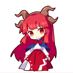 1girl blue_capelet bow bowtie capelet chibi chibi_only chinese_commentary closed_mouth commentary horns long_hair long_sleeves looking_at_viewer lowres red_bow red_bowtie red_eyes red_hair red_skirt renren_(ah_renren) shingyoku_(female)_(touhou) shingyoku_(touhou) shirt simple_background skirt solo touhou touhou_(pc-98) white_background white_shirt 
