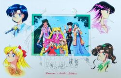  6+girls aino_minako aqua_hair arm_around_neck bishoujo_senshi_sailor_moon bishoujo_senshi_sailor_moon_s black_hair black_pants black_vest blonde_hair blue_bow blue_bowtie blue_eyes blue_hair blue_pants blue_ribbon blue_shirt bow bowtie brown_hair brown_overalls chibi_usa child closed_mouth coat collared_shirt commentary_request concept_art day double_bun earrings fukano_youichi green_eyes green_hair hair_bobbles hair_bun hair_ornament hand_on_another's_shoulder hand_up hino_rei jacket jewelry kaiou_michiru long_hair looking_at_another looking_at_viewer luna-p meiou_setsuna mizuno_ami multiple_girls neck_ribbon necklace one_eye_closed open_clothes open_coat open_jacket open_mouth orange_coat orange_shirt outdoors overall_shorts overalls pants pearl_necklace pink_hair pink_jacket pink_shirt ponytail prototype_design purple_hair purple_jacket red_coat red_scarf ribbon scarf shirt short_hair sleeveless sleeveless_jacket smile standing ten'ou_haruka thumbs thumbs_up tomoe_hotaru traditional_media tsukino_usagi twintails v very_long_hair vest violet_eyes wavy_hair white_pants white_shirt yellow_shirt 