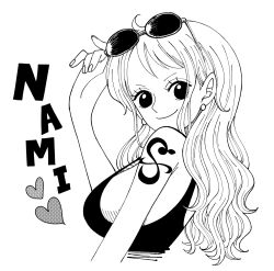  1girl bare_shoulders black_tank_top breasts character_name closed_mouth commentary earrings erichiyo_op eyelashes eyewear_on_head from_side greyscale heart holding holding_removed_eyewear jewelry large_breasts long_hair looking_at_viewer monochrome nami_(one_piece) one_piece pearl_earrings shoulder_tattoo sidelocks simple_background smile solo sunglasses tank_top tattoo unworn_eyewear upper_body wavy_hair white_background 