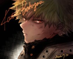  1boy bakugou_katsuki bkgktkchbmh black_shirt blonde_hair boku_no_hero_academia bruise bruise_on_face character_name commentary_request dated dirty dirty_face from_side injury looking_at_viewer looking_to_the_side male_focus orange_eyes parted_lips profile shirt short_hair sideways_glance solo spiky_hair superhero_costume torn_clothes upper_body 