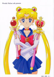  1girl absurdres arms_across_body artist_name bishoujo_senshi_sailor_moon bishoujo_senshi_sailor_moon_r bishoujo_senshi_sailor_moon_s blonde_hair blue_eyes blue_sailor_collar blue_skirt bow brooch choker circlet closed_mouth commentary cosmic_heart_compact crescent crescent_choker crescent_earrings cropped_legs crystal_star_(sailor_moon) curtained_hair cutie_moon_rod double_bun earrings english_commentary fukano_youichi gloves hair_bun hair_ornament heart heart_brooch heart_choker heart_wand highres holding holding_wand jewelry leotard long_hair looking_at_viewer magical_girl miniskirt multiple_girls official_artist_extra pleated_skirt red_bow red_choker sailor_collar sailor_moon scan simple_background skirt smile solo spiral_heart_moon_rod split_screen standing straight-on third-party_source tsukino_usagi twintails very_long_hair wand white_background white_gloves white_leotard 