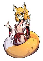  1girl absurdres animal_ear_fluff animal_ears apron blonde_hair blush brown_apron fang flower fox_ears fox_girl fox_tail hair_between_eyes hair_flower hair_ornament hakama hakama_skirt highres japanese_clothes kimono looking_at_viewer miko open_mouth red_hakama ribbon-trimmed_sleeves ribbon_trim senko_(sewayaki_kitsune_no_senko-san) sewayaki_kitsune_no_senko-san short_hair skirt smile smug_suriipi solo tail tail_raised white_kimono wide_sleeves yellow_eyes 