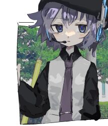  1girl beret black_hat border closed_mouth collared_shirt hat headset long_sleeves looking_at_viewer mizuna_(327) necktie outdoors outside_border purple_hair purple_necktie shirt solo upper_body utane_uta utau white_border 