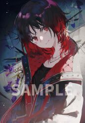  black_hair black_shirt closed_mouth colored_inner_hair commentary_request cross cross_necklace gradient_hair highres jacket jewelry kisaragi_ren_(vspo!) multicolored_hair necklace official_art open_clothes open_jacket red_eyes red_hair sample_watermark second-party_source shirt smile syokumura virtual_youtuber vspo! watermark white_jacket 