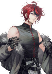  1boy absurdres ahoge arm_strap bare_shoulders belt black_belt black_gloves black_hair black_shirt blue_eyes chinese_commentary commentary_request fur-trimmed_jacket fur_trim gloves grey_jacket hair_between_eyes highres jacket male_focus mandarin_collar multicolored_hair multiple_belts official_alternate_costume print_shirt red_hair red_trim shirt short_hair simple_background sleeveless sleeveless_shirt solo streaked_hair sumino_takumi the_hundred_line_-last_defense_academy- two-tone_hair upper_body white_background yinyuajiu099 