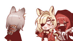  animal_ears arknights black_jacket black_tube_top blonde_hair brown_hair chargepro chibi chibi_only chinese_commentary commentary_request crownslayer_(arknights) eirene_lavazza_(arknights) eyepatch facing_away goggles goggles_around_neck hood hood_up jacket long_hair mixed-language_commentary open_clothes open_jacket open_mouth penance_(arknights) red_eyes red_hair red_jacket shirt single_hair_intake strapless tube_top upper_body white_background white_shirt wolf_ears 