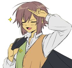  1other androgynous brown_hair closed_eyes commentary_request cosplay deltarune flowery_(deltarune) flowery_(deltarune)_(cosplay) frisk_(undertale) hand_on_own_head highres holding holding_unworn_clothes jacket long_sleeves open_mouth other_focus rokinoya shirt short_hair simple_background smile two-tone_vest undertale utdr_(toby_fox) vest white_background white_shirt 