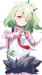  1girl absurdres arm_warmers backpack bag bandaid bandaid_hair_ornament belt blush bow closed_mouth collared_shirt commentary_request dress_shirt fur-trimmed_skirt fur_trim green_eyes green_hair hair_ornament hairclip heart heart_hair_ornament heart_hands highres looking_at_viewer loose_necktie miniskirt multiple_hairclips natukuzira necktie one_eye_closed pink_arm_warmers pink_bag polka_dot polka_dot_bow ponytail randoseru red_necktie shirt short_sleeves skirt solo striped_arm_warmers sunna_(zenless_zone_zero) thigh_strap white_belt white_shirt white_wings winged_bag wings x_hair_ornament y2k_fashion zenless_zone_zero 