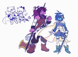  1girl 1other apple blue_boots blue_hair blue_skin blue_skirt boots cape colored_skin commentary cosplay deltarune dress english_commentary food fruit furry furry_female gloves hair_ornament highres holding holding_food holding_fruit holding_polearm holding_sword holding_weapon kris_(deltarune) long_hair mahou_shoujo_madoka_magica miki_sayaka miki_sayaka_(cosplay) polearm ponytail purple_hair red_boots red_dress reptile_girl sakura_kyoko sakura_kyoko_(cosplay) skirt smbdylsss susie_(deltarune) sword utdr_(toby_fox) weapon white_cape white_gloves 