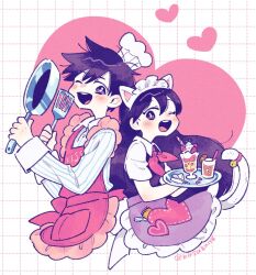  1boy 1girl alternate_costume animal_ear_hairband animal_ears antenna_hair apron blush bright_pupils cat_ear_hairband cat_ears chef_hat collared_pajamas collared_shirt colored_skin commentary_request cup double-parted_bangs drinking_glass fake_animal_ears fake_tail frying_pan hair_between_eyes hairband hat heart hero_(headspace)_(omori) hero_(omori) holding holding_frying_pan holding_spatula holding_tray kiss_the_cook long_hair long_sleeves looking_at_viewer mari_(headspace)_(omori) mari_(omori) mini_chef_hat mini_hat mitsubachi_koucha neckerchief omori one_eye_closed open_mouth pajamas pink_apron purple_apron purple_hair red_neckerchief shirt short_hair short_sleeves smile spatula striped_clothes striped_pajamas tail teeth tongue tray twitter_username upper_teeth_only vertical-striped_clothes vertical-striped_pajamas violet_eyes white_hairband white_pajamas white_pupils white_shirt white_skin 