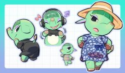  1girl animal_crossing ass black_dress black_eyes black_shirt blue_background blue_dress blue_eyeshadow blunt_bangs chibi closed_eyes closed_mouth colored_skin dress eyeshadow full_body furry furry_female furry_male green_hair green_skin grid_background hands_on_own_hips hat hawaiian_shirt headphones kopa_nishikida listening_to_music looking_at_viewer looking_back makeup multiple_views musical_note one_eye_closed opal_(animal_crossing) open_mouth print_dress purple_eyeshadow shirt short_sleeves smile standing straw_hat tail 