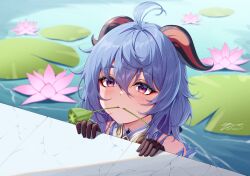  1girl 2_ru ahoge black_gloves blue_hair blush commentary curved_horns flower ganyu_(genshin_impact) genshin_impact gloves hair_between_eyes hair_intakes highres horns lily_pad long_bangs looking_at_viewer medium_hair mouth_hold multicolored_horns partially_submerged pink_flower signature solo two-tone_horns violet_eyes water water_lily_flower 