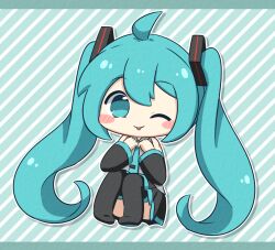  1girl :p ;p ahoge blue_necktie blush_stickers chibi chibi_only closed_mouth commentary_request detached_sleeves diagonal-striped_background double-parted_bangs drop_shadow full_body green_background green_eyes green_hair hair_between_eyes hatsune_miku knees_up long_hair looking_at_viewer necktie nukotun one_eye_closed outline sitting smile solo striped_background tongue tongue_out twintails very_long_hair vocaloid white_outline 