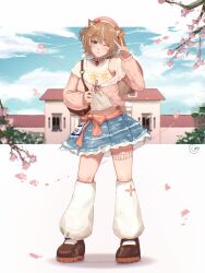  :o ;o absurdres acorn alternate_costume animal_ears ayunda_risu bag brown_choker brown_hair cherry_blossoms choker clouds cloudy_sky fur_choker green_eyes hand_up hat highres hololive hololive_indonesia local_catto mary_janes one_eye_closed pink_hat shoes shoulder_bag skirt sky socks squirrel_ears squirrel_girl squirrel_tail standing tail v virtual_youtuber white_socks 