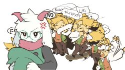  2boys anger_vein blonde_hair closed_eyes closed_mouth commentary_request deltarune floppy_ears flowery_(deltarune) furry furry_male goat_horns green_robe hat highres holding holding_unworn_clothes holding_unworn_hat horns looking_at_another looking_to_the_side male_focus multiple_boys multiple_views open_mouth pink_horns pink_scarf ponnu_(ponnuwooow) ralsei robe scarf skateboard skateboarding smile unworn_hat unworn_headwear utdr_(toby_fox) white_background white_fur 