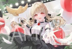  balloon bird black_bow black_skirt blonde_hair bow breasts commentary_request detached_sleeves earrings feathers hair_bow holding holding_microphone jewelry kinako_(shiratama_mochi) kogara_toto kogara_toto_(gothic) looking_at_viewer microphone official_alternate_costume official_alternate_hairstyle official_art outstretched_arm red_eyes sample_watermark second-party_source skirt suspender_skirt suspenders teeth tongue upper_teeth_only virtual_youtuber vspo! watermark white_sleeves 