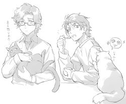  2boys animal cat closed_mouth commentary_request dress_shirt eating glasses greyscale hiraga_keisuke holding holding_animal holding_cat holding_spoon isa_(peien516) male_focus monochrome multiple_boys notice_lines odagiri_hidetoshi pajamas persona persona_3 rectangular_eyewear semi-rimless_eyewear shirt short_hair simple_background sparkle spoon translation_request under-rim_eyewear white_background 