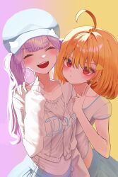  2girls ^_^ absurdres ahoge blonde_hair blue_skirt blush character_name closed_eyes closed_mouth collarbone commentary gradient_background hair_ornament hand_on_another's_shoulder hat highres ine_(waktaverse) isegye_idol jacket jingburger korean_commentary long_hair long_sleeves looking_at_viewer medium_hair multiple_girls open_mouth purple_background purple_hair red_eyes shirt short_hair short_sleeves skirt smile stonewhale0304 teeth twintails upper_teeth_only v virtual_youtuber waktaverse white_jacket white_shirt yellow_background 