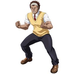  1boy black_pants brown_eyes brown_hair brown_shoes clenched_hands dark-skinned_male dark_skin earrings fighting_stance full_body gakushuu_(ikkitousen) game_asset grey_headband grin hands_up headband ikkitousen ikkitousen_extra_burst jewelry legs_apart loafers looking_at_viewer magatama magatama_earrings male_focus muscular muscular_male nanyou_academy_uniform necktie non-web_source official_art pants penny_loafers red_necktie school_uniform self-datamine shirt shoes short_hair short_sleeves simple_background smile solo sweater_vest transparent_background white_shirt yellow_sweater_vest 