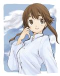  blush brown_eyes brown_hair character_request cloud clouds dress_shirt hair_flip junko_takei looking_back payot shirt sky smile strike_witches takei_junko 