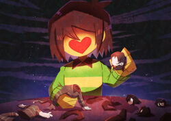  6+others absurdres brown_hair colored_skin commentary_request deltarune dismemberment doll faceless facing_viewer green_sweater heart highres holding holding_detached_head holding_doll kris_(deltarune) multiple_others other_focus red_soul_(utdr) severed_torso short_hair size_difference soul_(utdr) sweater upper_body utdr_(toby_fox) vessel_(deltarune) watawata22 yellow_skin 