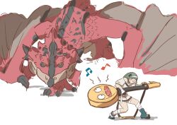 1girl a.b.a bandages bare_shoulders character_request dragon dragon_wings fingerless_gloves gloves green_hair guilty_gear guitar highres instrument key_in_head long_hair looking_at_viewer monster monster_hunter_(series) nirade44 object_through_head paracelsus_(guilty_gear) playing_guitar playing_instrument red_eyes scales simple_background stitched_mouth stitches white_background wings 