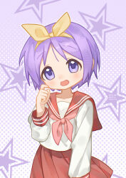  1girl absurdres commentary_request cowboy_shot hairband head_tilt highres hiiragi_tsukasa kurokami_nekoya light_blush looking_at_viewer lucky_star neckerchief open_mouth pink_neckerchief polka_dot polka_dot_background purple_background purple_hair red_sailor_collar red_skirt ryouou_school_uniform sailor_collar school_uniform shirt short_hair sidelocks skirt smile solo star_(symbol) star_symbol_background violet_eyes white_shirt yellow_hairband 