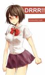  black_hair bob_cut brown_hair durarara!! engrish glasses ranguage red_eyes school_uniform short_hair skirt sonohara_anri su@uzaya-sama 